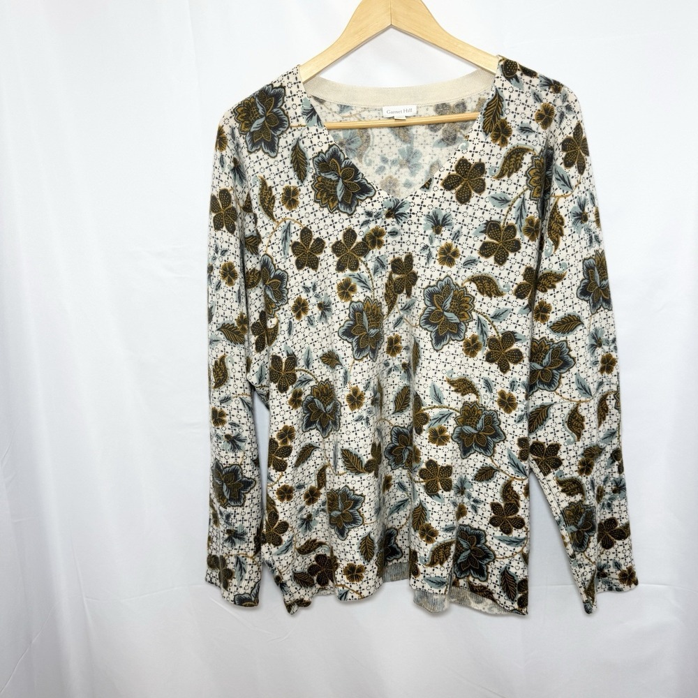 GARNET HILL Cashmere Floral V Neck Sweater XL Pullover Dolman Knit Boho Cottage - Picture 2 of 10